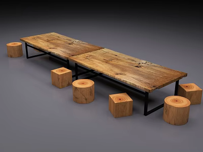 Rustic Joined Wooden Table With Black Metal Frame And Natural Stump Stools Set 3d model