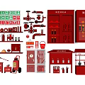 Various Red Fire Safety Equipment Including Extinguishers Hydrants Cabinets and Tools 3d model