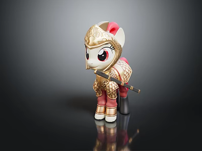 Decorative Pony Figure Wearing Golden Armor With Red Accents Holding Spear On Shiny Black Surface 3d model