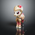 Decorative Pony Figure Wearing Golden Armor With Red Accents Holding Spear On Shiny Black Surface