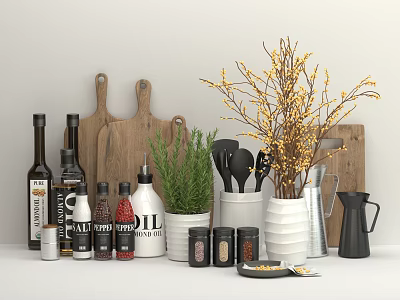Assorted Spice Bottles with Wooden Cutting Boards Fresh Herbs Kitchen Utensils and Decorative Branches 3d model