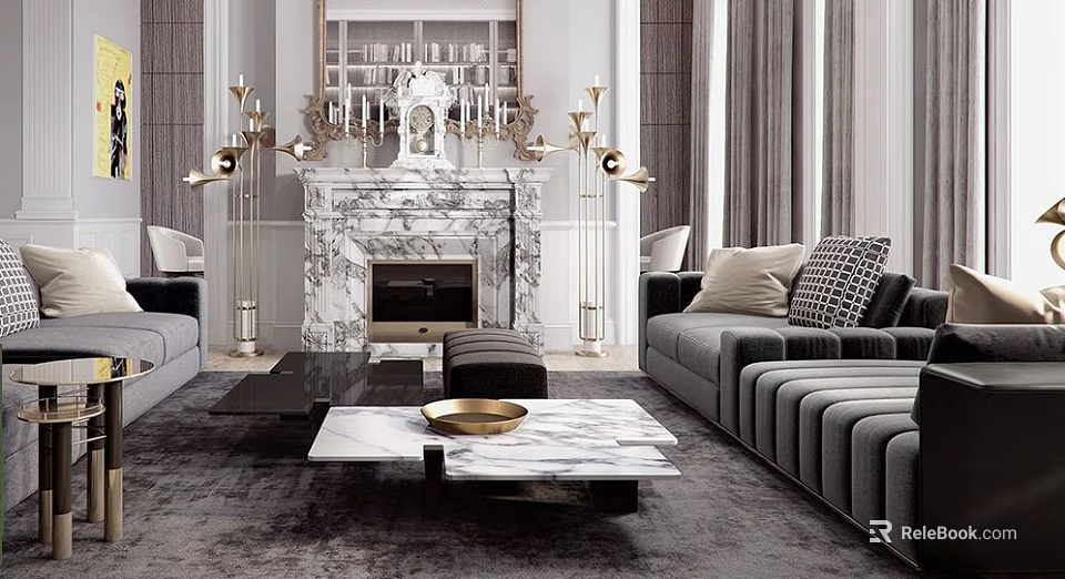Modern Living Room Sofa and Coffee Table Set With Marble Top and Plush Grey Pillows 3d model 