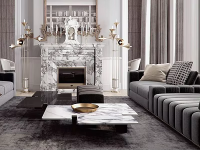 Modern Living Room Sofa and Coffee Table Set With Marble Top and Plush Grey Pillows 3d model
