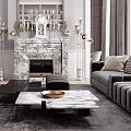Modern Living Room Sofa and Coffee Table Set With Marble Top and Plush Grey Pillows