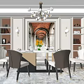 Elegant Dining Table Set With Chandelier Mural And Built In Bookshelves