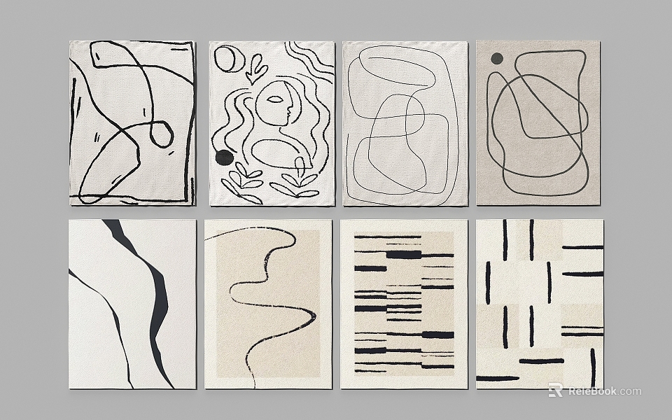 Minimalist Square Rugs with Abstract Curved Wavy Lines in Beige Black White Tones 3d model 