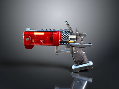 Futuristic Red Sci Fi Pistol With Metallic Structure Checkerboard Pattern And Yellow Details 3d model