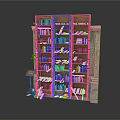 Wooden Bookshelf With Multiple Shelves And Scattered Books Near Small Table