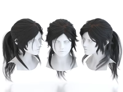 Decorative Figurine Set With Three Black Long Hair Head Models In Different Styles 3d model