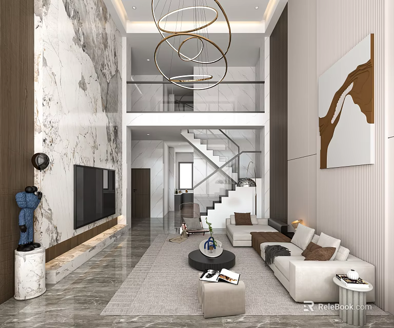 Modern Duplex Living Room With Staircase Marble Wall And Chic Decor 3d model