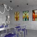 Modern Interior Space Featuring Transparent Chairs Blue Bases White Table Collectible Figures And Pendant Lights