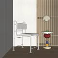 Minimalist White Dining Chair with Metal Frame Against Wooden Slat Wall and Table Lamp