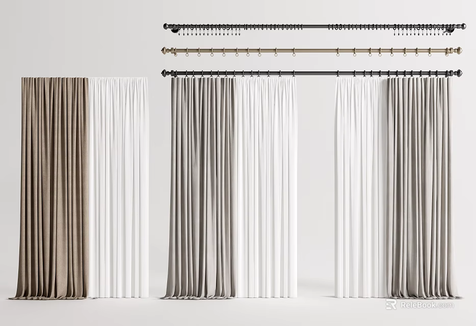 Brown White Gray Curtains With Decorative Curtain Rods For Home Interior 3d model 