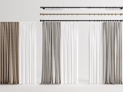 Brown White Gray Curtains With Decorative Curtain Rods For Home Interior 3d model