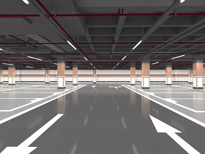 Spacious Bright Indoor Parking Garage With White Arrows Red Pipes And Columns 3d model