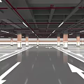 Spacious Bright Indoor Parking Garage With White Arrows Red Pipes And Columns