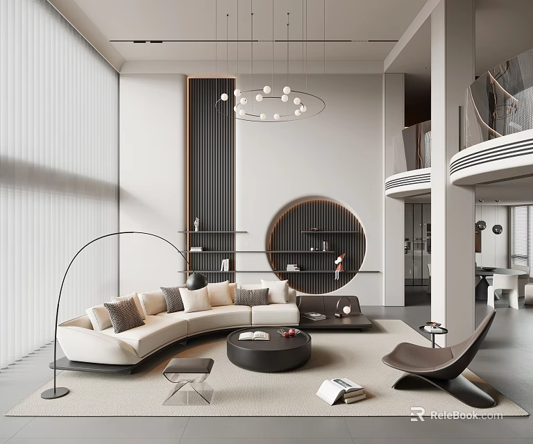 Modern Open Plan Living Dining Room Interior With Curved Sofa Round Bookshelf And Pendant Lights 3d model 