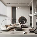 Modern Open Plan Living Dining Room Interior With Curved Sofa Round Bookshelf And Pendant Lights