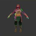 Woman In Black Hooded Warrior Outfit With Arm Straps And Waist Belt Details