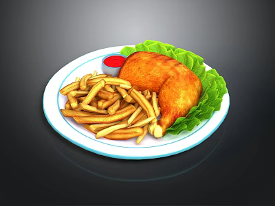Crispy Fried Chicken With Golden French Fries And Red Sauce On Plate With Lettuce 3d model