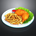 Crispy Fried Chicken With Golden French Fries And Red Sauce On Plate With Lettuce