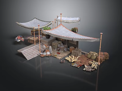 Traditional Outdoor Market Stall With Canvas Canopies Clay Pots Baskets And Plants 3d model