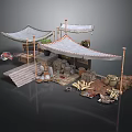 Traditional Outdoor Market Stall With Canvas Canopies Clay Pots Baskets And Plants