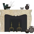 Classic Carved White Stone Fireplace With Mantel Decor And Brass Fire Irons