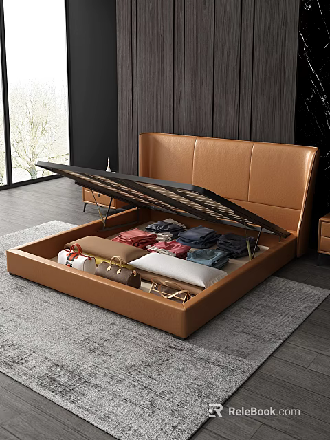 Modern Double Bed With Leather Headboard And Under Bed Storage Compartment 3d model 