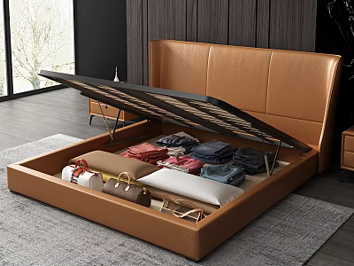 Modern Double Bed With Leather Headboard And Under Bed Storage Compartment 3d model