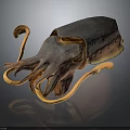 Squid With Curved Tentacles And Dark Brown Body On Black Background