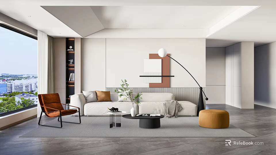 Modern Living Room Interior With White Sofa Brown Armchair Round Floor Lamp And Wall Decor 3d model 