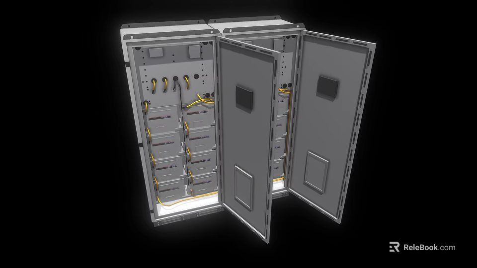 Open Industrial Electrical Control Cabinet Featuring Drawers Internal Wiring And Metal Panels 3d model 