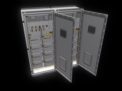 Open Industrial Electrical Control Cabinet Featuring Drawers Internal Wiring And Metal Panels 3d model