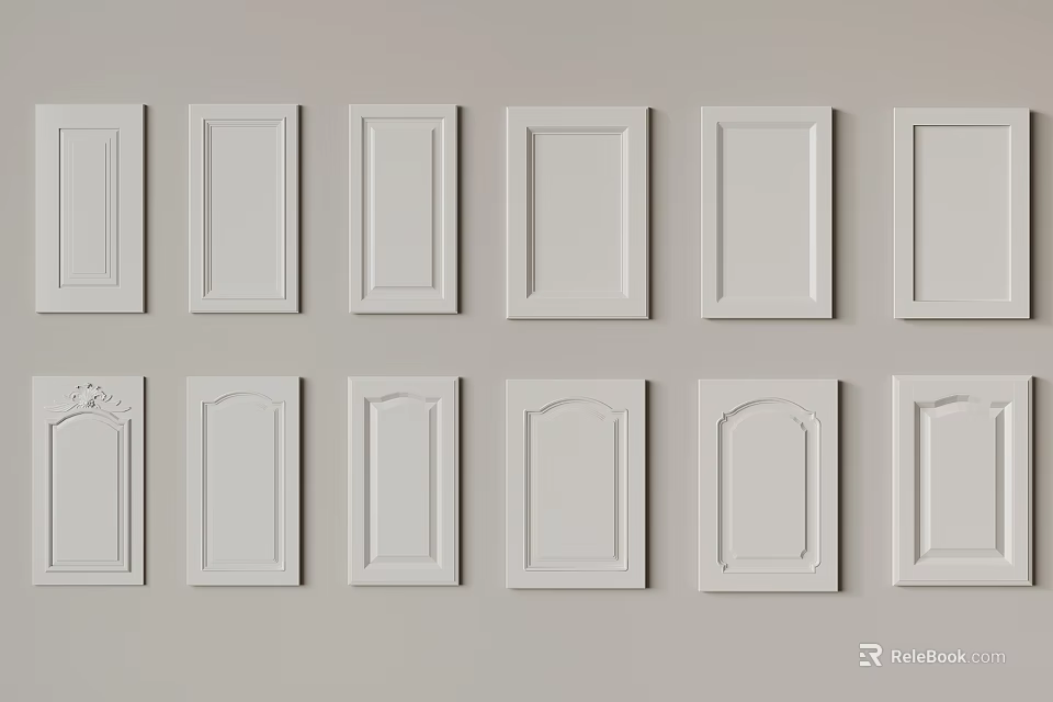 Various White Cabinet Door Panel Designs On Grey Background 3d model 