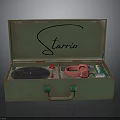 Vintage Green Suitcase Record Player With Starrio Logo Red Headphones And Knobs