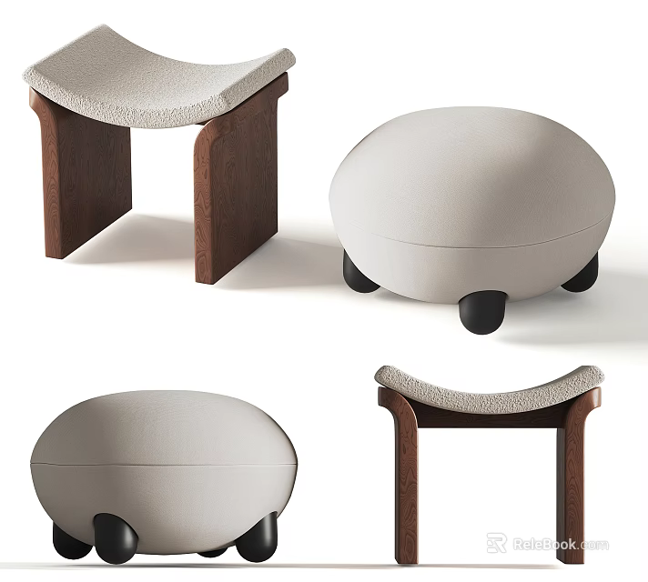 Modern Stylish Stools With Wooden Legs Upholstered Seats And Round Design 3d model 