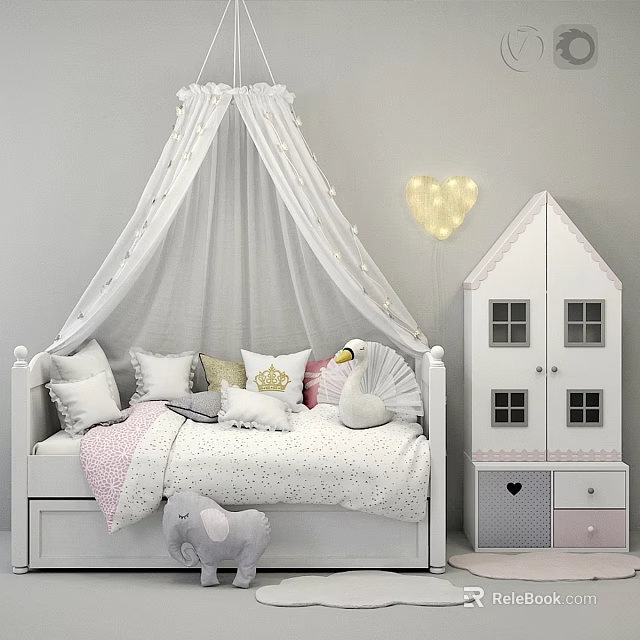 Kids Bed with White Canopy String Lights Heart Light Pillows Crown Swan Doll and House Wardrobe 3d model 