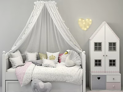 Kids Bed with White Canopy String Lights Heart Light Pillows Crown Swan Doll and House Wardrobe 3d model