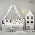Kids Bed with White Canopy String Lights Heart Light Pillows Crown Swan Doll and House Wardrobe