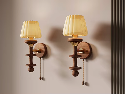 Elegant Wooden Wall Lamps With Yellow Lampshades Mounted On Wall 3d model