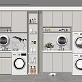 Sleek Modern Bathroom Cabinet Rack With Washing Machines Dryers Storage Shelves And Potted Plant
