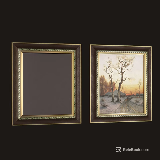 Landscape Painting In Brown Frame With Gold Trim Featuring Bare Trees Road And Sunset Sky 3d model 
