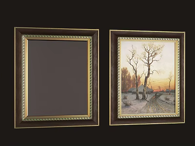 Landscape Painting In Brown Frame With Gold Trim Featuring Bare Trees Road And Sunset Sky 3d model