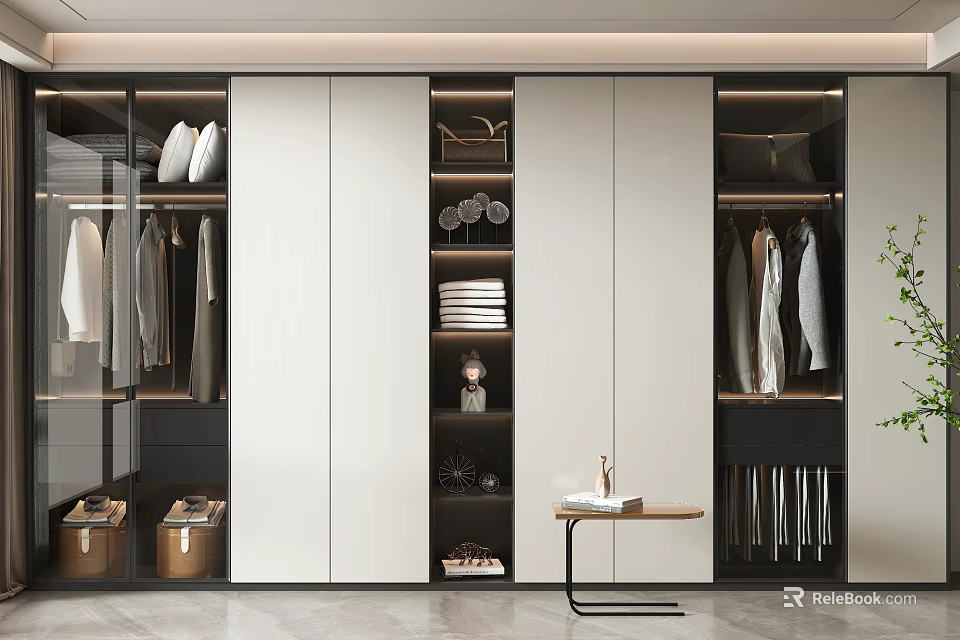Modern Wardrobe With Sleek Design Ample Storage Hanging Space And Folded Clothes 3d model 