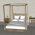 Natural Wooden Four Poster Double Bed With Linen Canopy Bedside Table And Chair