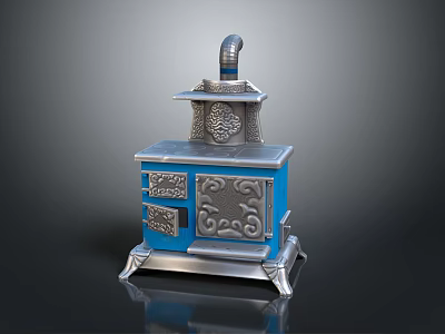 Vintage Blue And Silver Electrical Stove With Decorative Patterns And Chimney 3d model