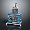 Vintage Blue And Silver Electrical Stove With Decorative Patterns And Chimney