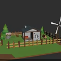 Rural Cottage Scene With Wooden Fence Windmill Trees Bench And Grill On Green Lawn