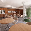 Restaurant Interior Layout with Multiple Seating Areas Tables and Decorative Plants 3d model